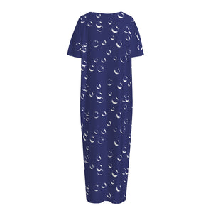 Blue And White Bubble Pattern Print Short Sleeve Long Nightdress