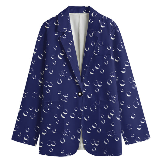 Blue And White Bubble Pattern Print Women's Cotton Blazer