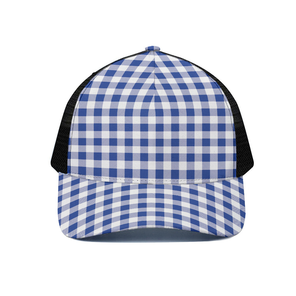 Blue And White Buffalo Check Print Black Mesh Trucker Cap