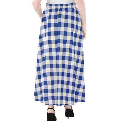 Blue And White Buffalo Check Print Chiffon Maxi Skirt