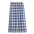 Blue And White Buffalo Check Print Cotton Front Slit Maxi Skirt