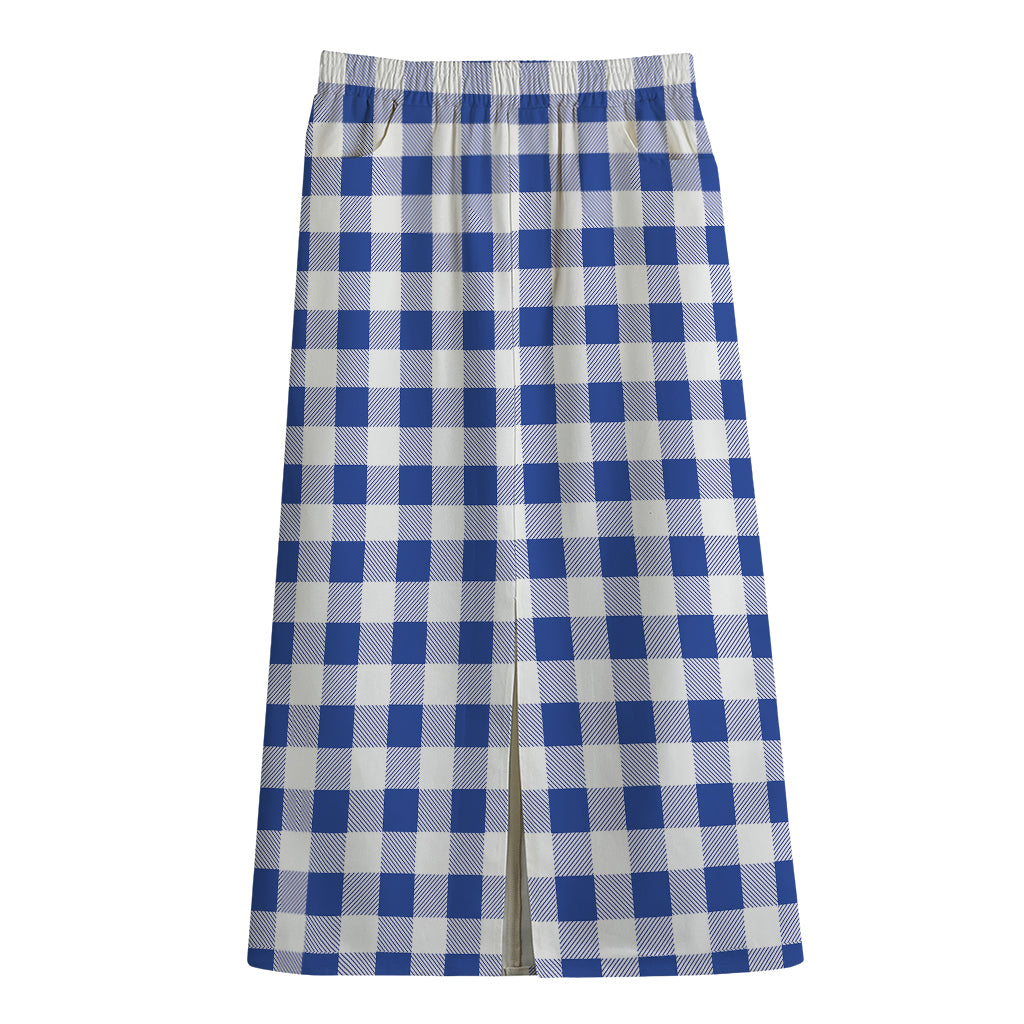 Blue And White Buffalo Check Print Cotton Front Slit Maxi Skirt