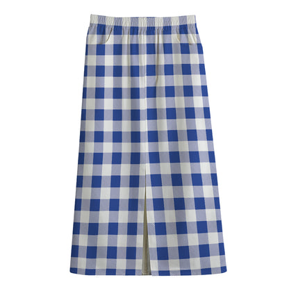 Blue And White Buffalo Check Print Cotton Front Slit Maxi Skirt