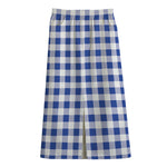 Blue And White Buffalo Check Print Cotton Front Slit Maxi Skirt