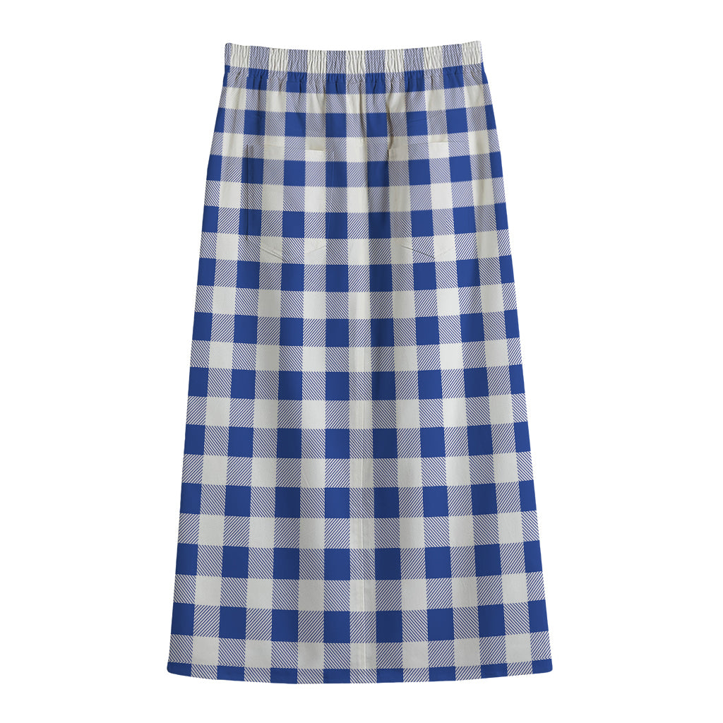 Blue And White Buffalo Check Print Cotton Front Slit Maxi Skirt