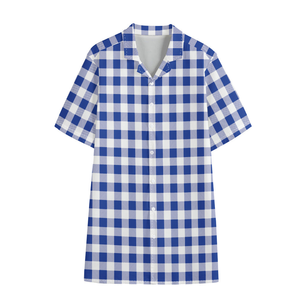 Blue And White Buffalo Check Print Cotton Hawaiian Shirt
