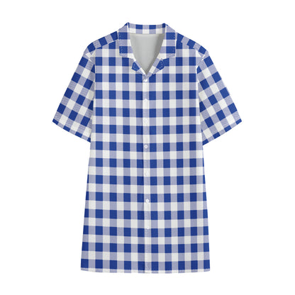 Blue And White Buffalo Check Print Cotton Hawaiian Shirt