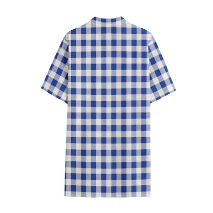 Blue And White Buffalo Check Print Cotton Hawaiian Shirt
