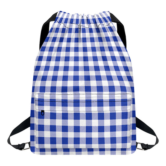 Blue And White Buffalo Check Print Drawstring Backpack