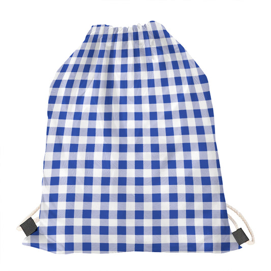 Blue And White Buffalo Check Print Drawstring Bag