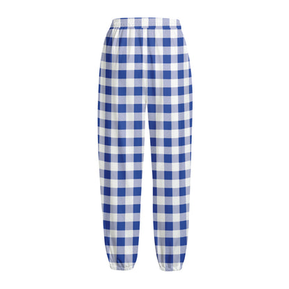Blue And White Buffalo Check Print Fleece Lined Knit Pants