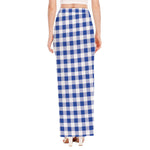 Blue And White Buffalo Check Print High Slit Maxi Skirt
