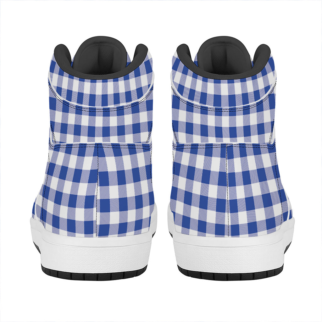 Blue And White Buffalo Check Print High Top Leather Sneakers