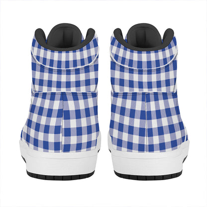 Blue And White Buffalo Check Print High Top Leather Sneakers