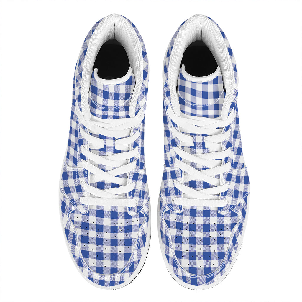 Blue And White Buffalo Check Print High Top Leather Sneakers