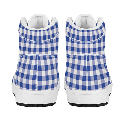 Blue And White Buffalo Check Print High Top Leather Sneakers