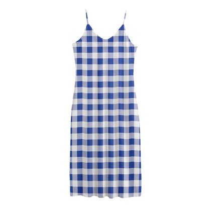 Blue And White Buffalo Check Print Jersey Midi Cami Dress