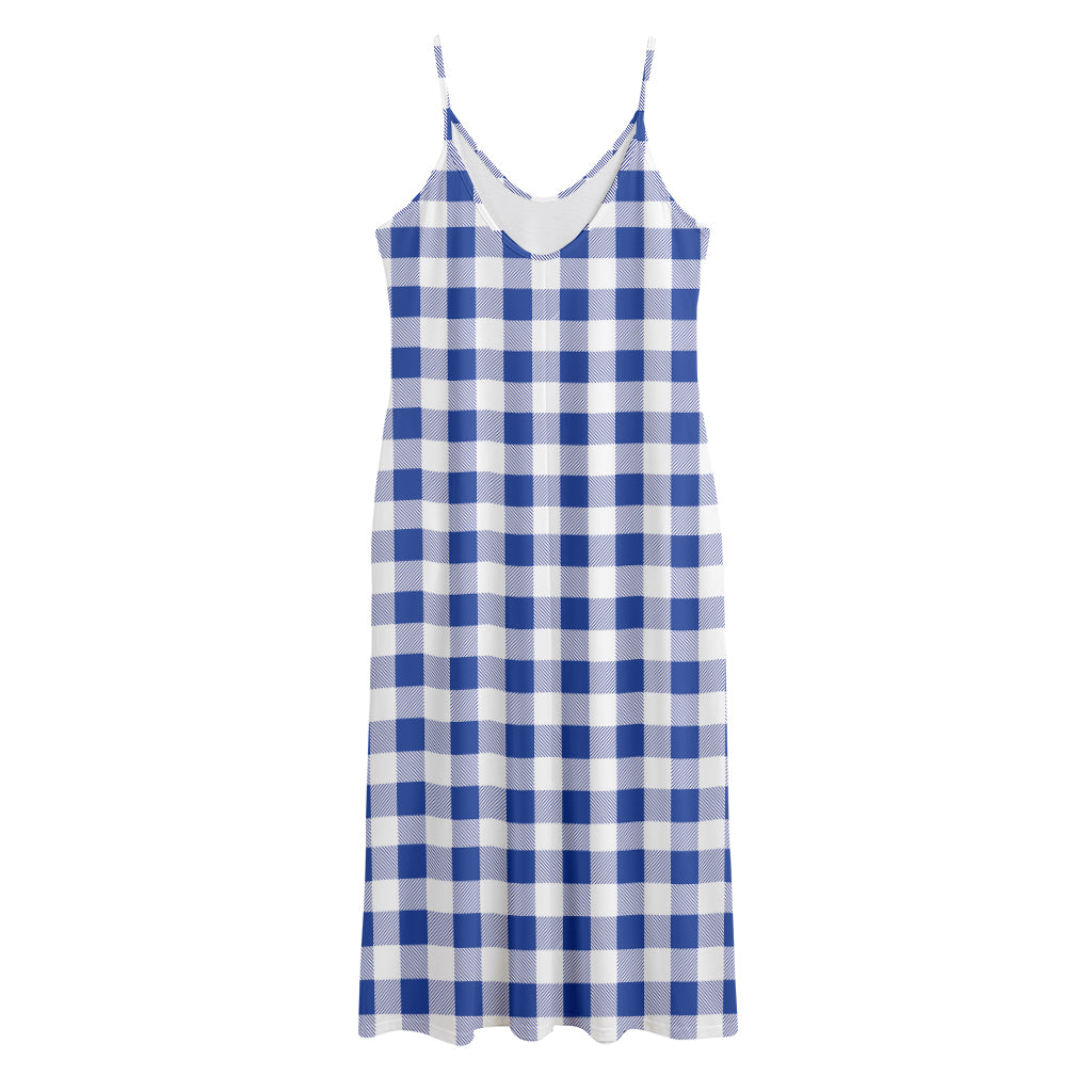 Blue And White Buffalo Check Print Jersey Midi Cami Dress
