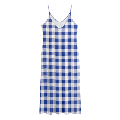 Blue And White Buffalo Check Print Jersey Midi Cami Dress