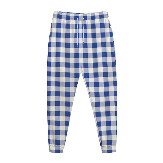 Blue And White Buffalo Check Print Jogger Pants