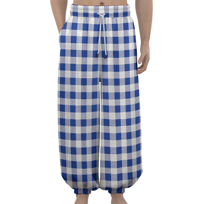 Blue And White Buffalo Check Print Lantern Pants