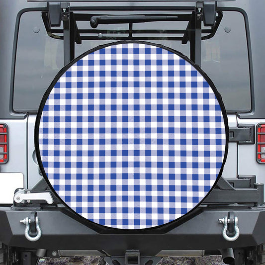 Blue And White Buffalo Check Print Leather Spare Tire Cover
