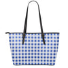 Blue And White Buffalo Check Print Leather Tote Bag