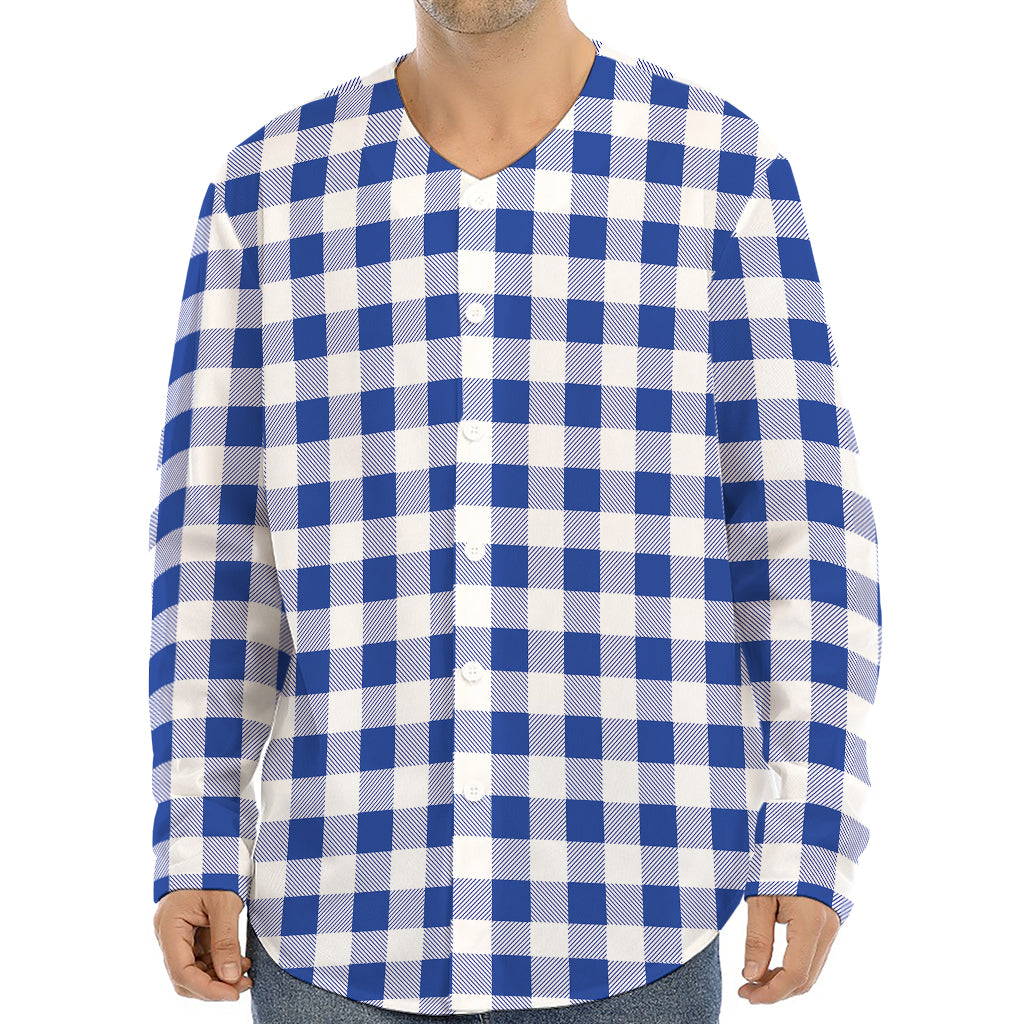 Blue And White Buffalo Check Print Long Sleeve Baseball Jersey