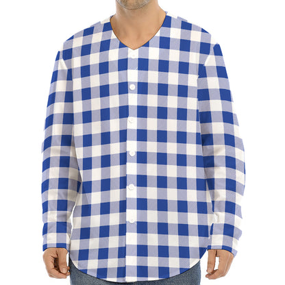Blue And White Buffalo Check Print Long Sleeve Baseball Jersey