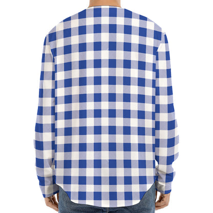 Blue And White Buffalo Check Print Long Sleeve Baseball Jersey