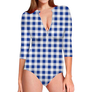 Blue And White Buffalo Check Print Long Sleeve Swimsuit