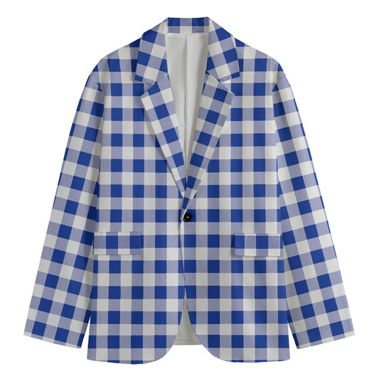 Blue And White Buffalo Check Print Men's Blazer