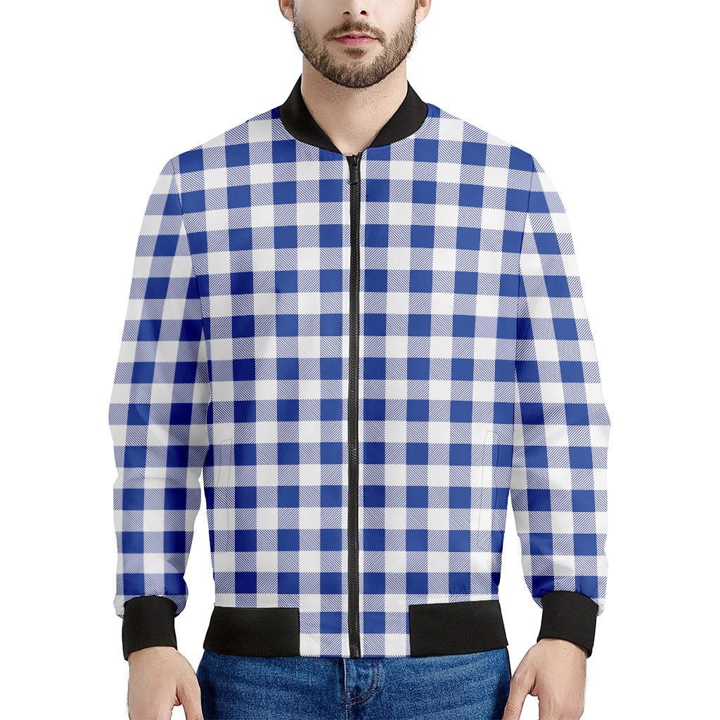 Blue And White Buffalo Check Print Men's Bomber Jacket