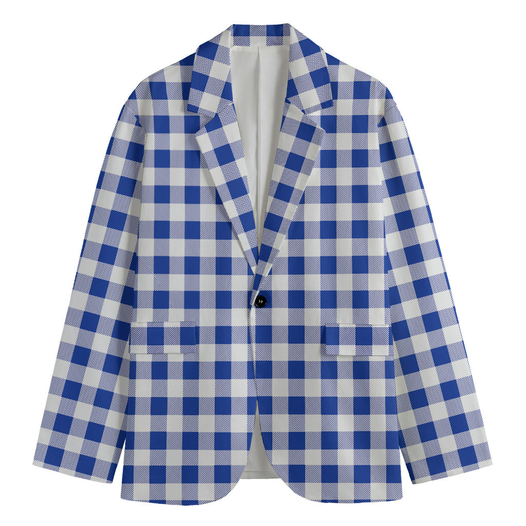 Blue And White Buffalo Check Print Men's Cotton Blazer