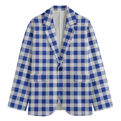 Blue And White Buffalo Check Print Men's Cotton Blazer