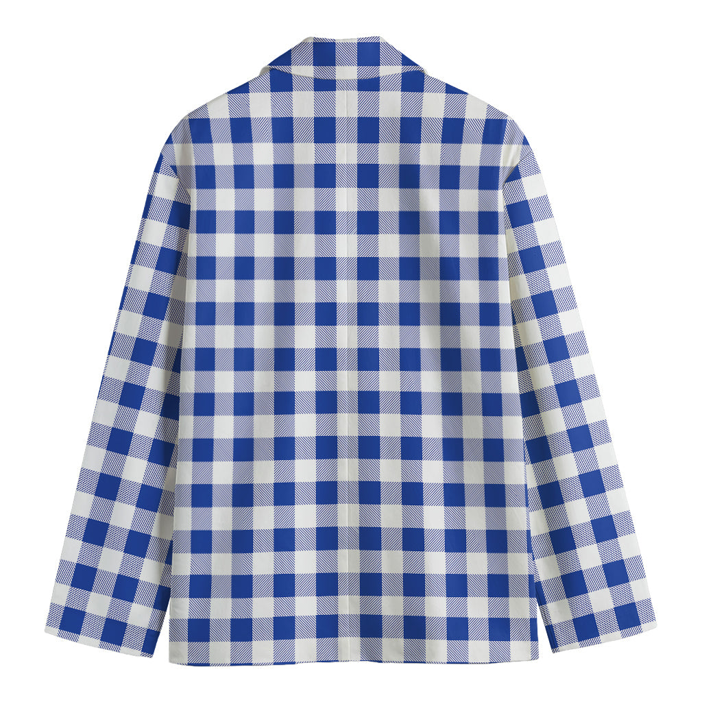 Blue And White Buffalo Check Print Men's Cotton Blazer