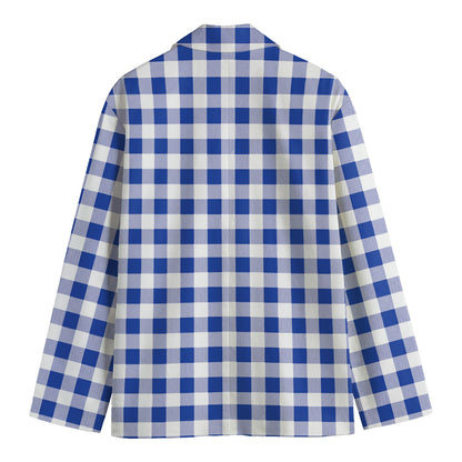 Blue And White Buffalo Check Print Men's Cotton Blazer
