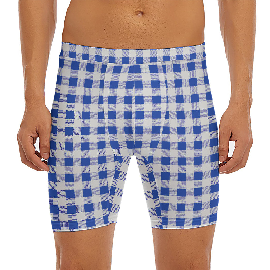 Blue And White Buffalo Check Print Men's Long Boxer Briefs
