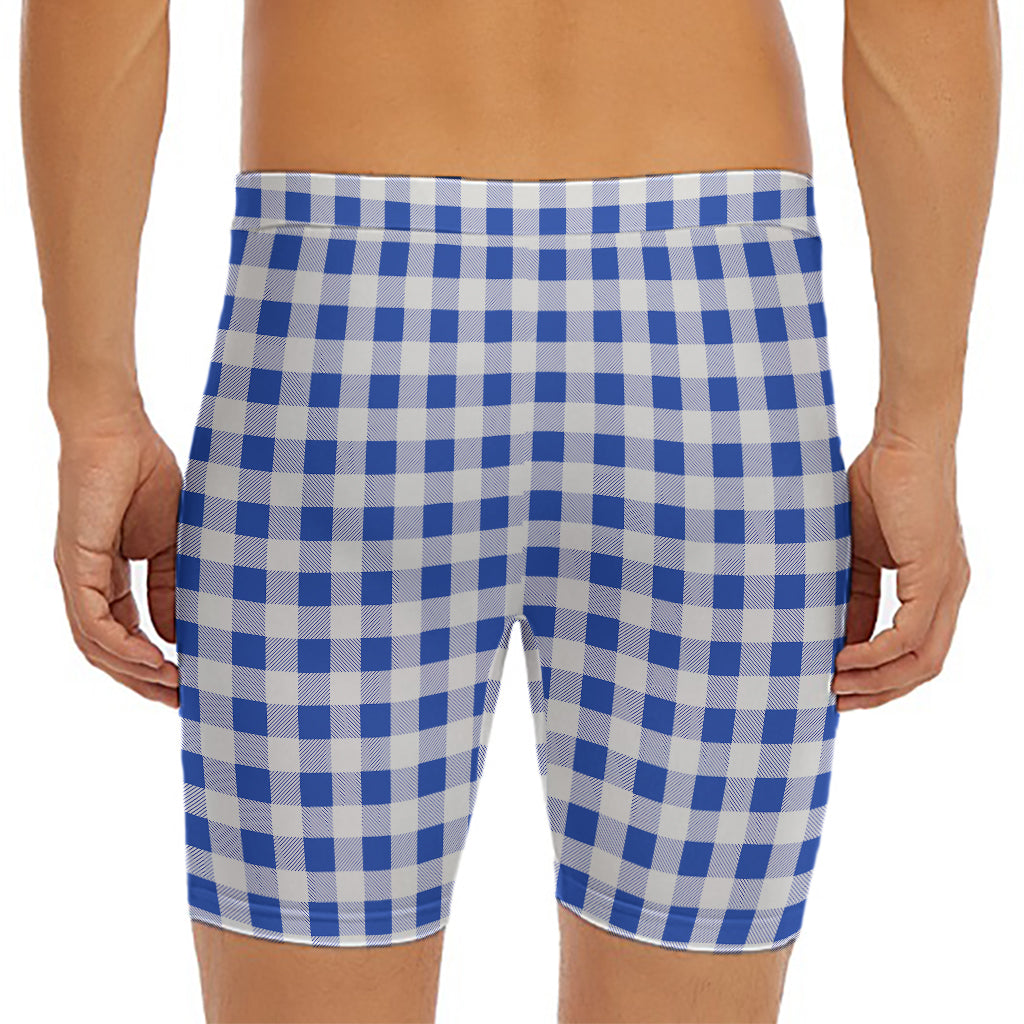 Blue And White Buffalo Check Print Men's Long Boxer Briefs