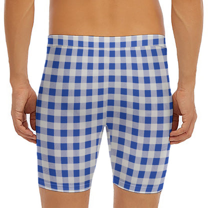 Blue And White Buffalo Check Print Men's Long Boxer Briefs