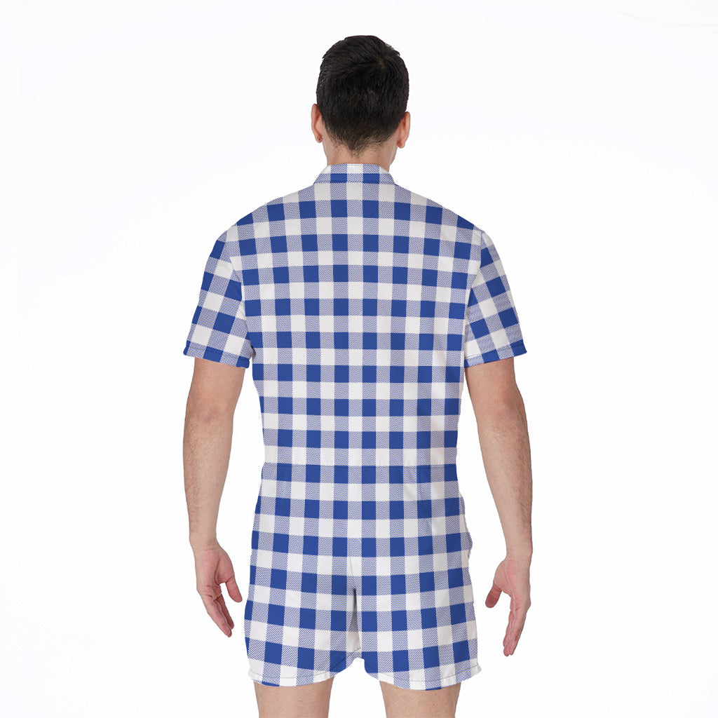 Blue And White Buffalo Check Print Men's Rompers