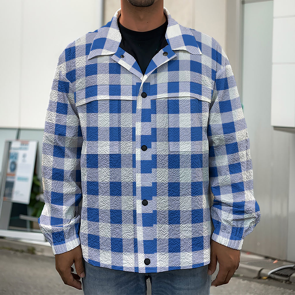 Blue And White Buffalo Check Print Men's Shirt Jacket