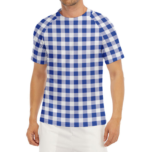 Blue And White Buffalo Check Print Men's Short Sleeve Rash Guard