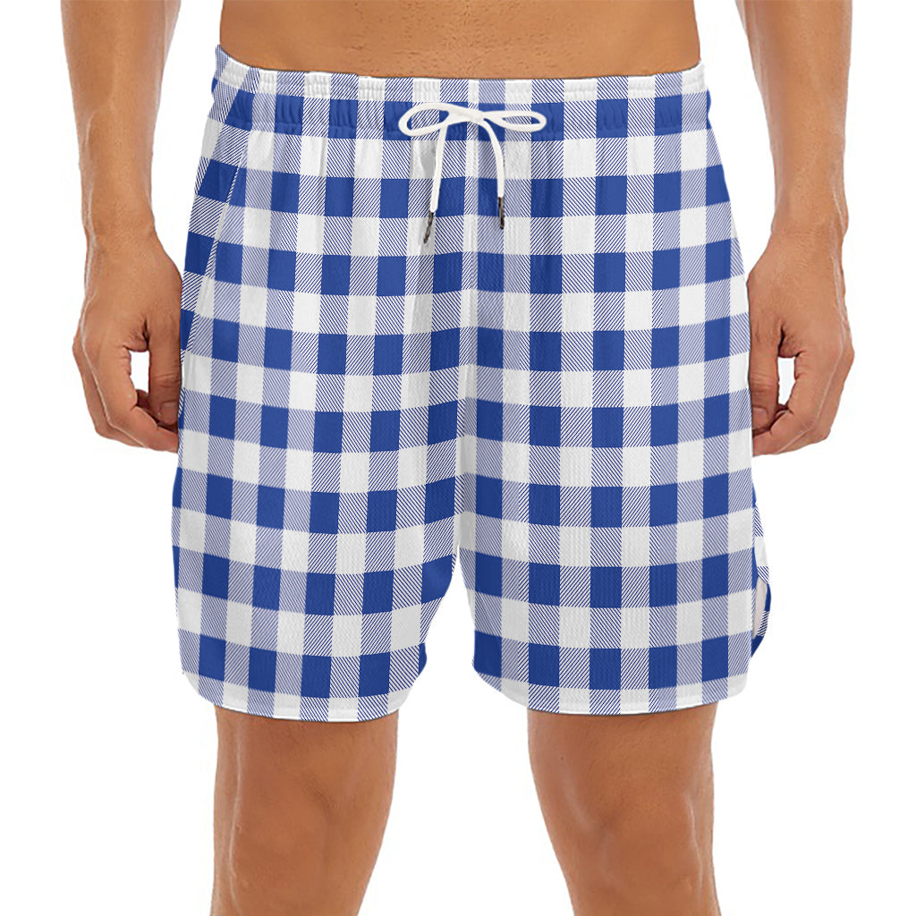 Blue And White Buffalo Check Print Men's Split Running Shorts