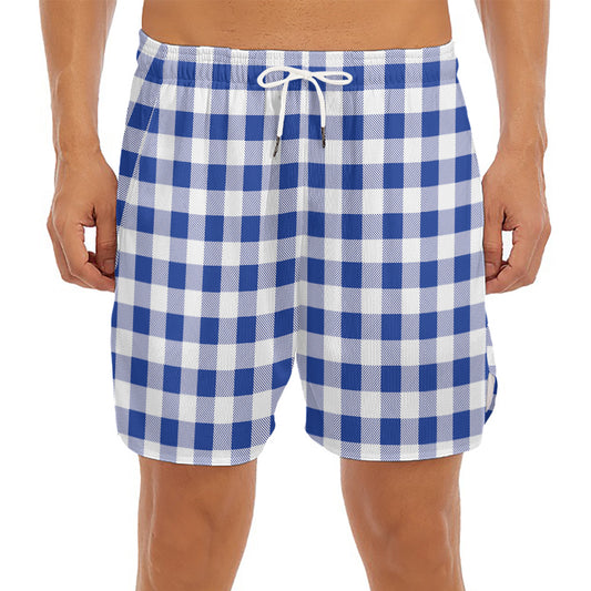 Blue And White Buffalo Check Print Men's Split Running Shorts