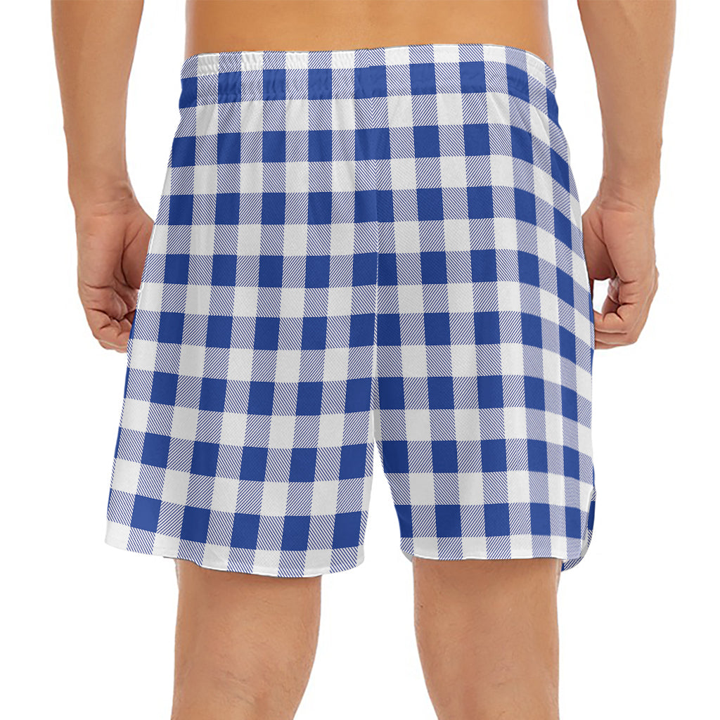 Blue And White Buffalo Check Print Men's Split Running Shorts