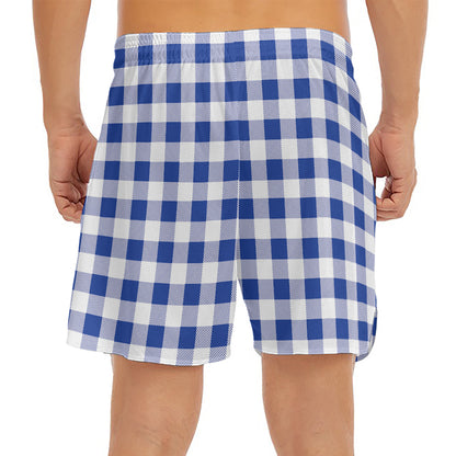 Blue And White Buffalo Check Print Men's Split Running Shorts
