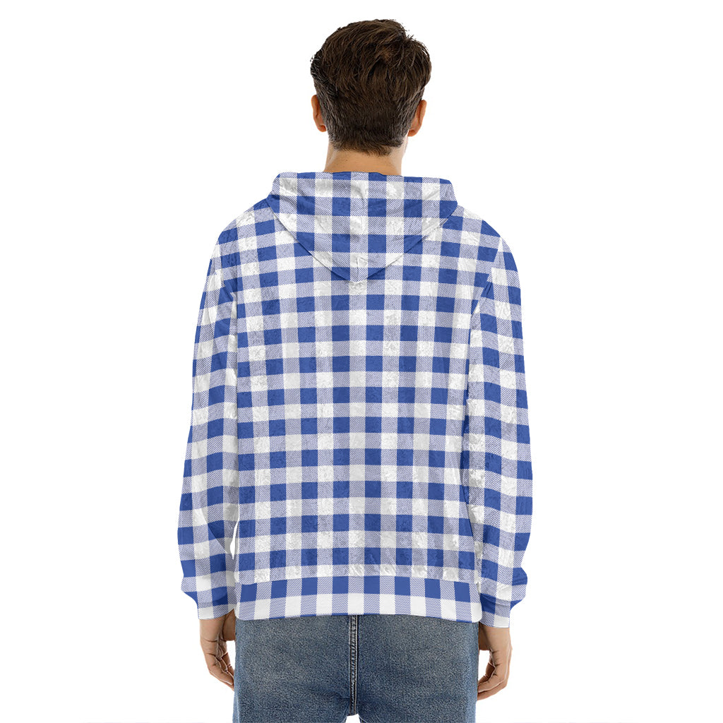 Blue And White Buffalo Check Print Men's Velvet Pullover Hoodie