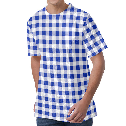 Blue And White Buffalo Check Print Men's Velvet T-Shirt