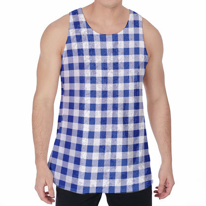 Blue And White Buffalo Check Print Men's Velvet Tank Top